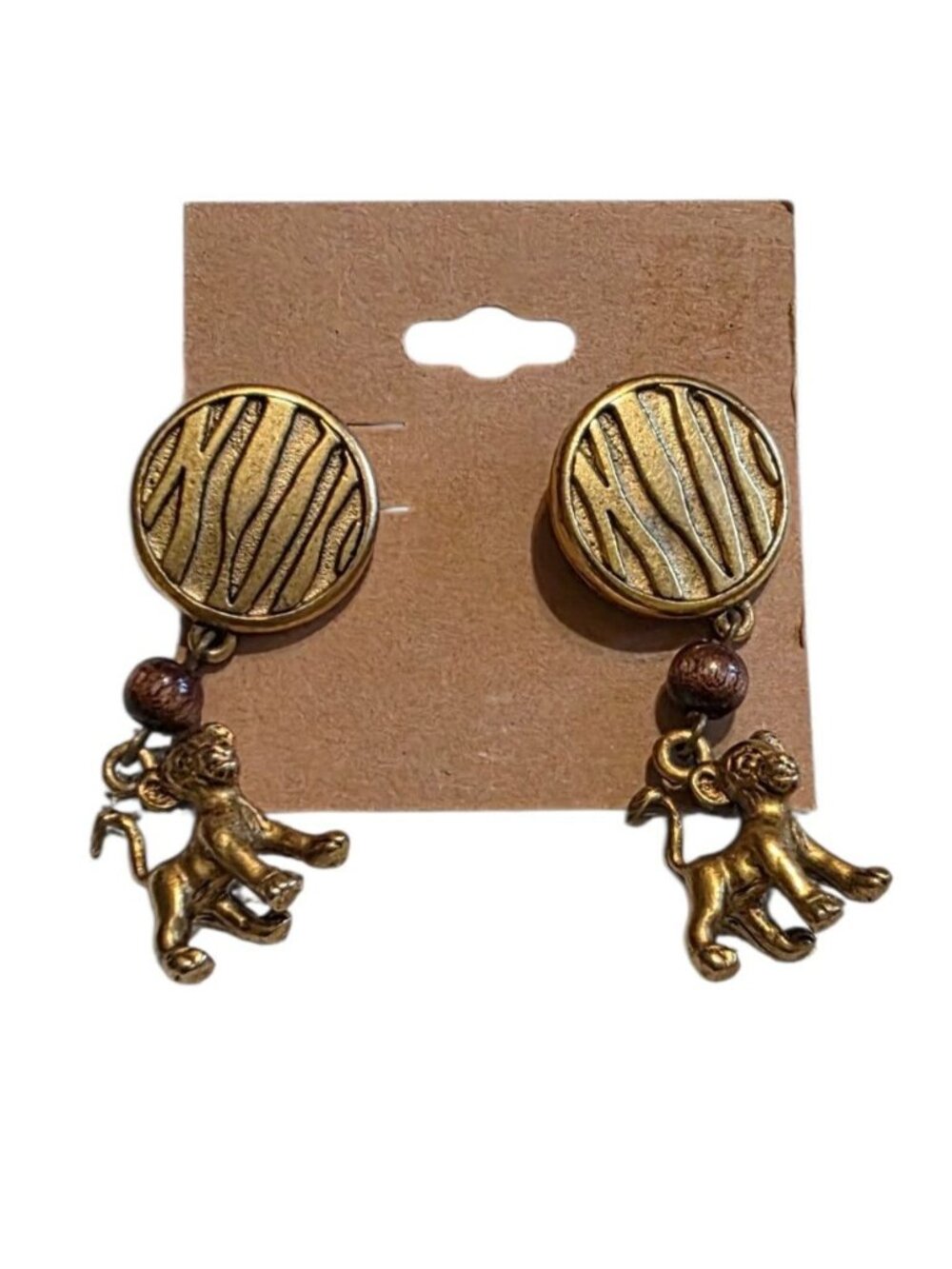 Disney Lion King Earrings Simba Dangle Brown Wood Bead Brass Signed